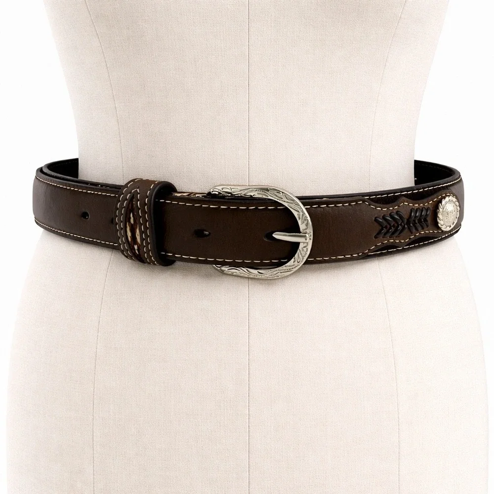 Nocona Belt Co Brown Leather Western Horsehair Inlay Concho Belt SZ 28 N441580